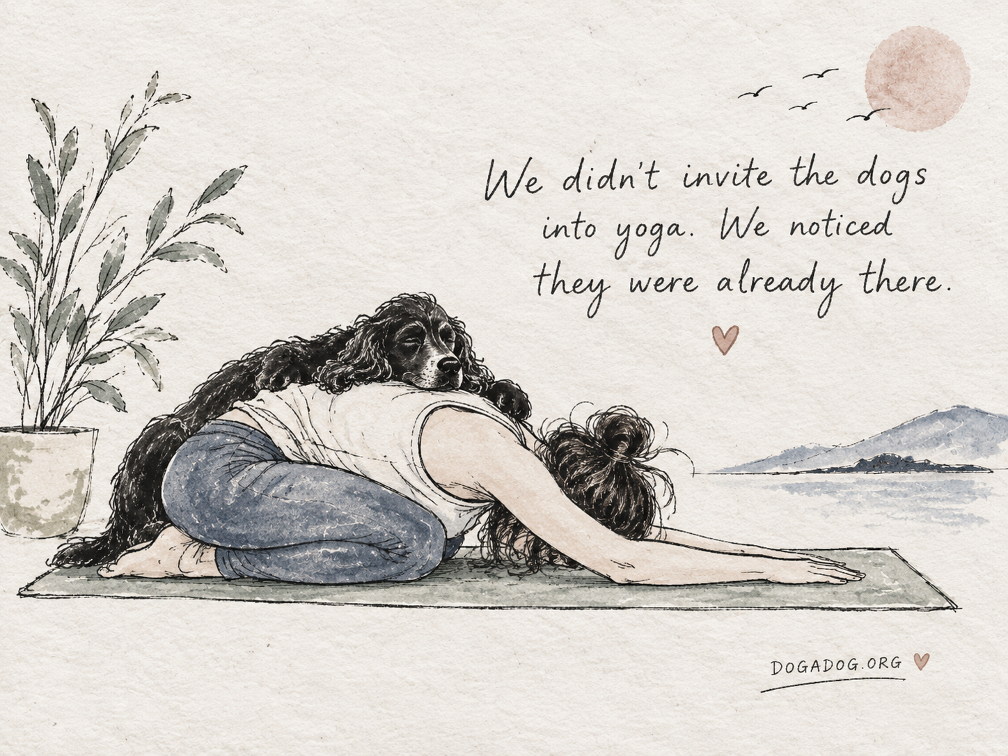 Woman practicing Doga with her golden dog in a mindful embrace