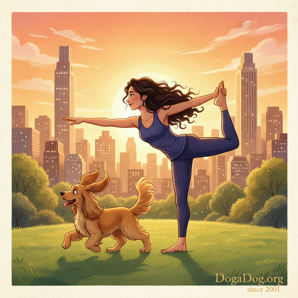 Suzi in Dancer Pose with her golden cocker spaniel prancing joyfully in Central Park, Manhattan skyline glowing at sunset