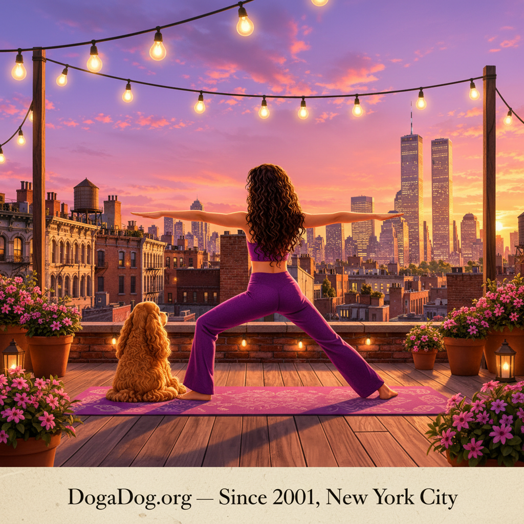 Suzi in Warrior pose on a SoHo rooftop at sunset with her golden cocker spaniel — DogaDog.org since 2001, New York City
